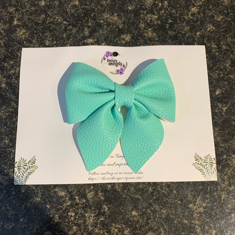 Handmade Bow Fun Kicky pale Aqua thick leather like with long clip 4”x4”